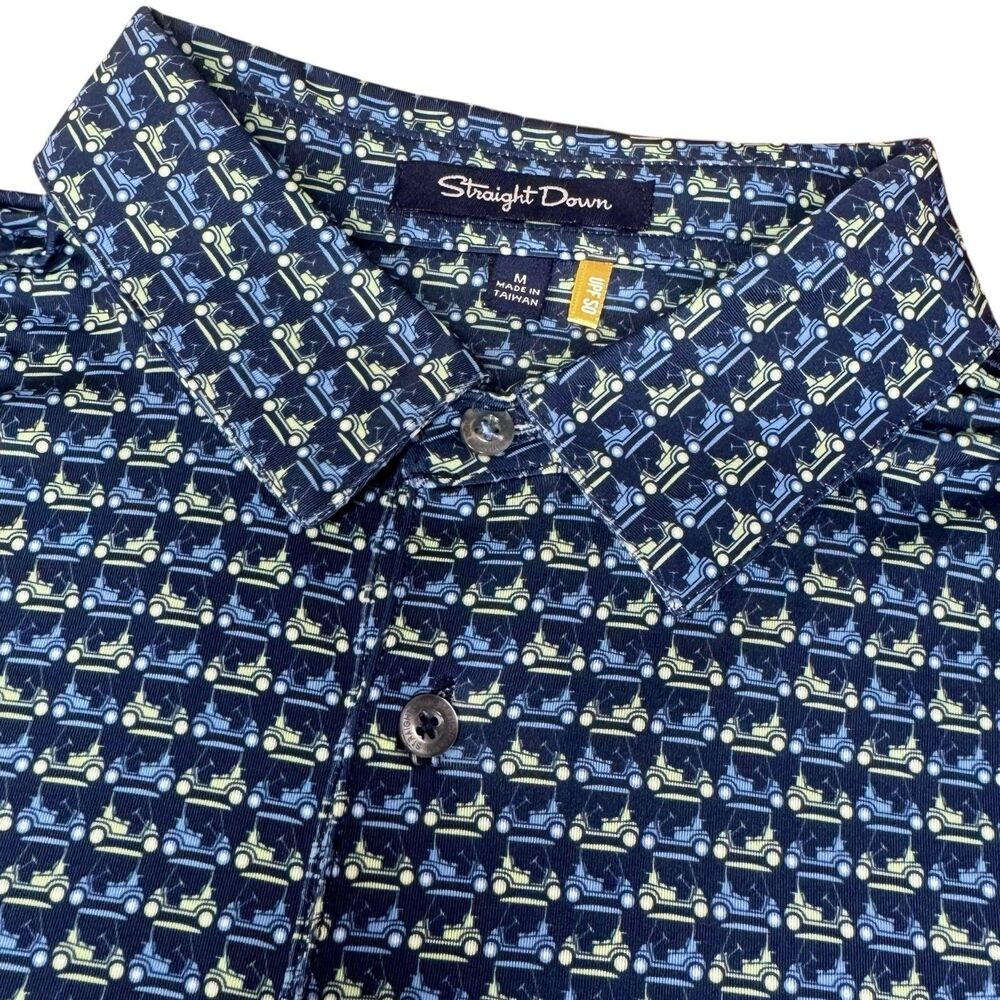 Straight Down Golf‎ Polo Shirt Mens M Blue Golf Cart All Over Print Performance